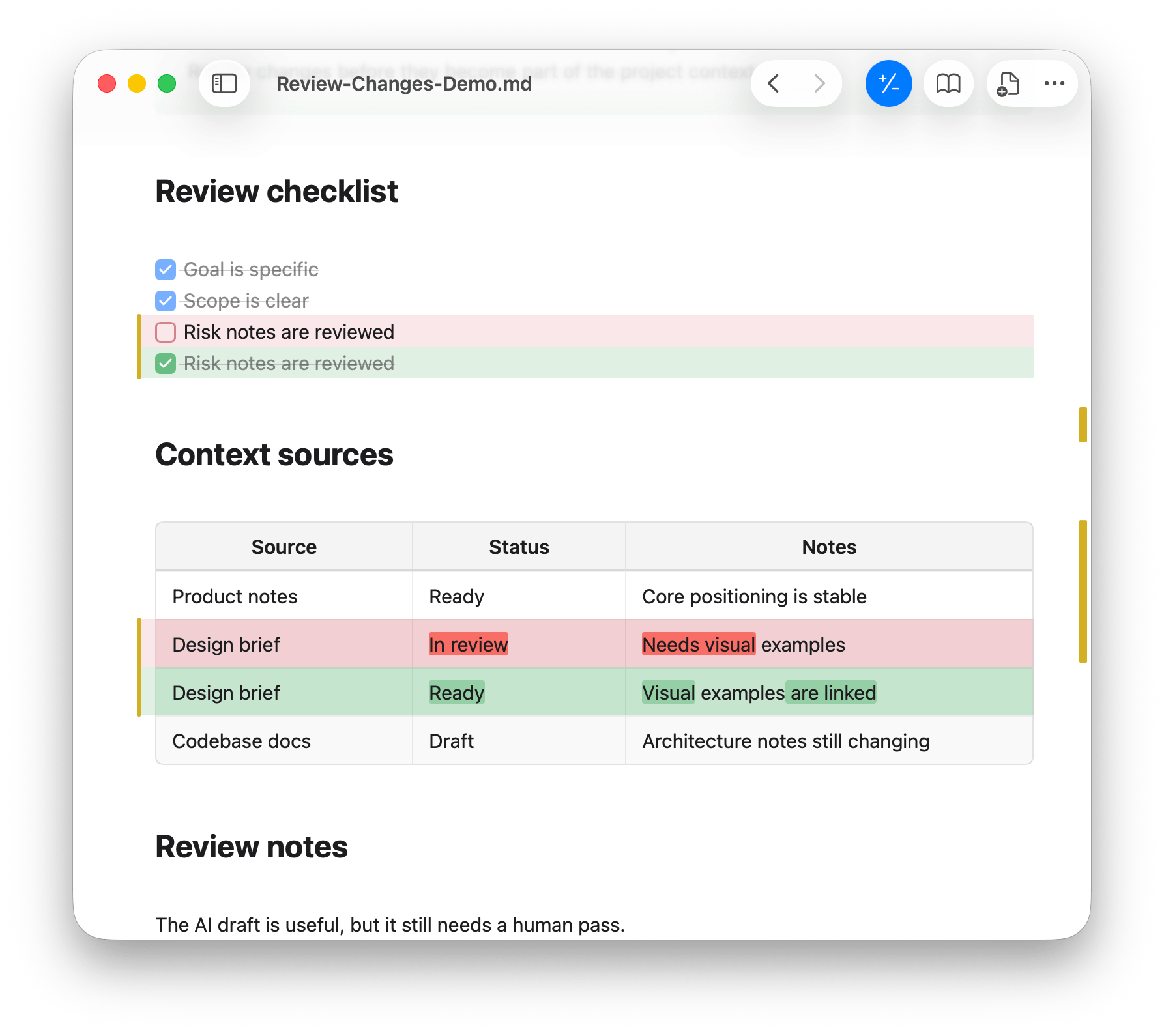 Rendered Markdown diff preview